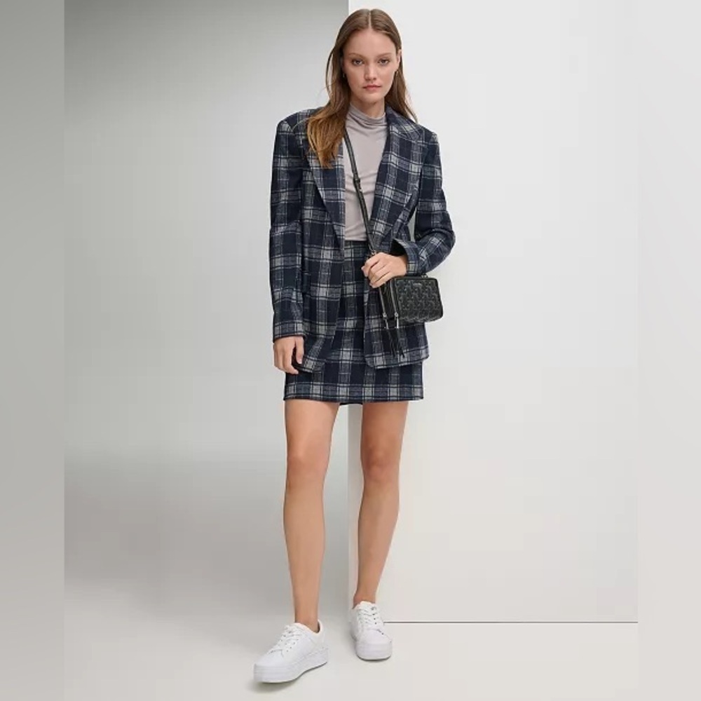 Calvin Klein NWOT blue gray plaid long line open front blazer 14